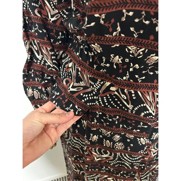 Vintage Maggy London Black Burgundy Geometric Floral Rayon Midi Dress Size 10 - Image 3