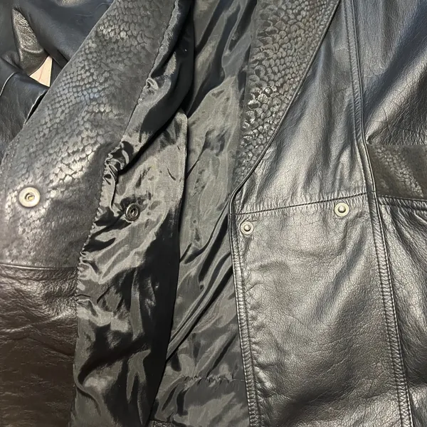 VTG PELLE‎ New York Milano Black Leather Jacket Snakeskin Print Womens Large 90s - Image 6
