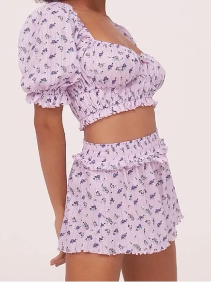 2 PIECE FOR LOVE & LEMONS Lola Pointelle Crop Top & Shorts set size small - Image 2
