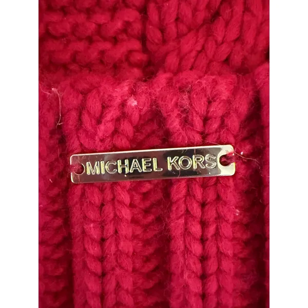 Michael Kors Womens‎ Red Cable Knit Beanie Fleece Lined Winter Hat Gold Logo Tag - Image 2