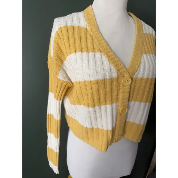 American Eagle Yellow Striped Cardigan Sweater Womens XS Crop Y2K Vibes Preppy - Image 2