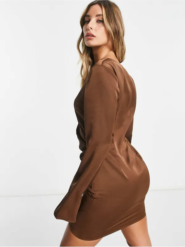 Pretty Lavish Ruched Wrap Mini Dress Brown Sz.4 NWT - Image 2