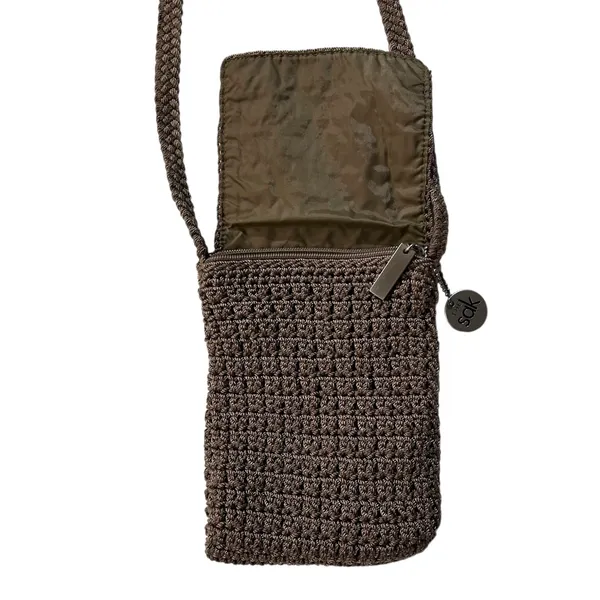 Vintage 90’s The SAK Crochet Bag Y2K Crossbody Shoulder Purse Brown Zip 5.5x7.5 - Image 3
