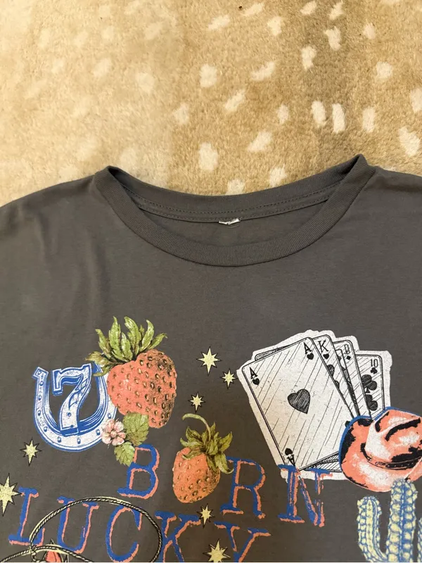 Five Below Born Lucky Graphic Tee Dark Gray Western Cowboy Lucky Charm - Image 7
