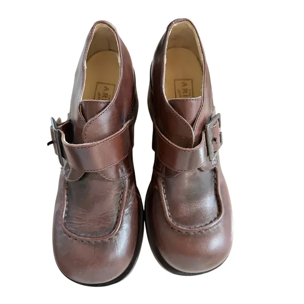 Vintage Y2K Arizona Brown Chunky Leather Buckle Heeled Loafers Grunge Indie - Image 2