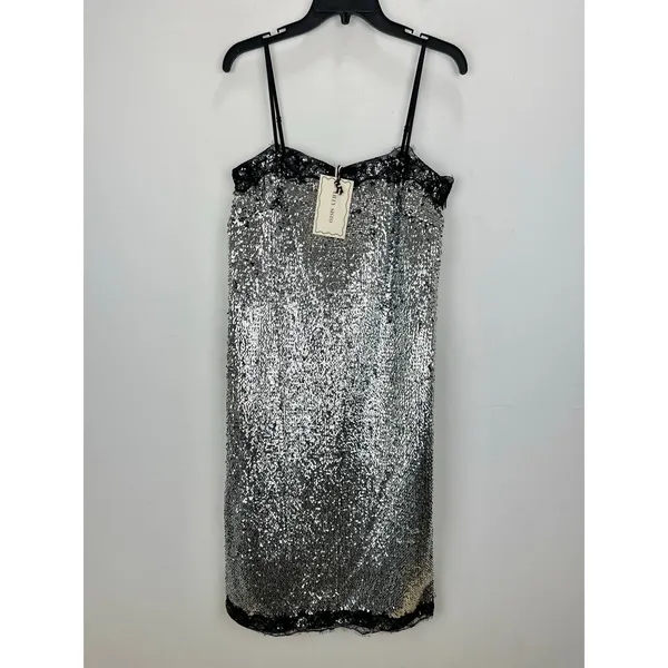 Gianni Bini Lilly Sisto Allegra Sequin Slip Midi Dress Silver Lace Trim US 6 NWT - Image 6