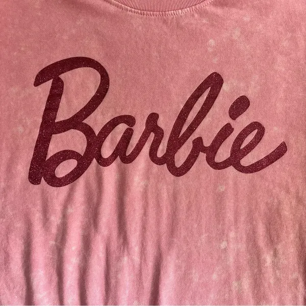 Barbie Pink Acid Wash Glitter Logo Crewneck Sweatshirt Womens Medium - Image 2