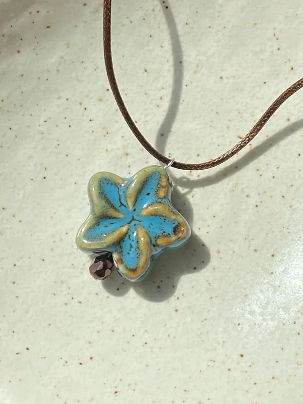 Handmade chunky big ceramic flower boho fairy cottage necklace🩵 - Image 4