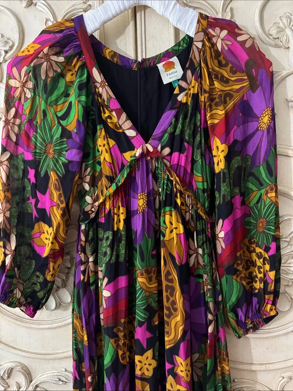 FARM Rio Star Fruit Floral Tiered Maxi Dress in Purple, Green & Yellow Sz Small - Image 6