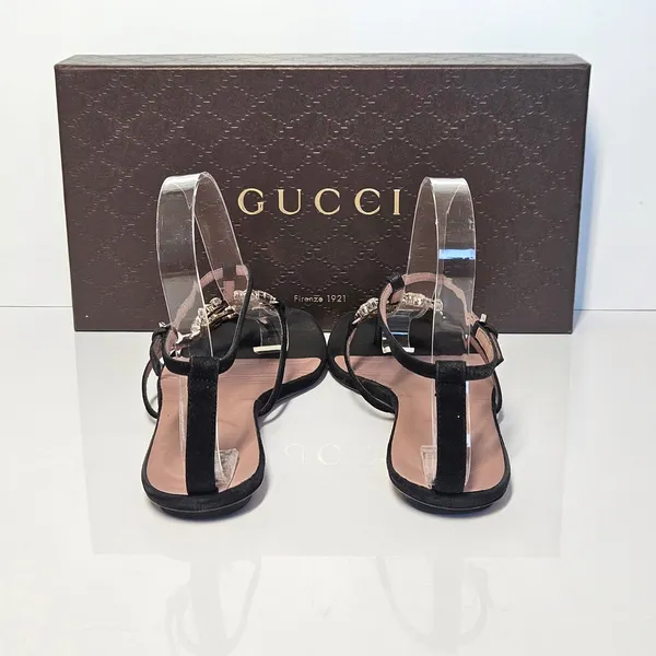 Gucci Black Suede Crystal Interlocking G T-Strap Flat Sandals Glam Size 37.5 - Image 11