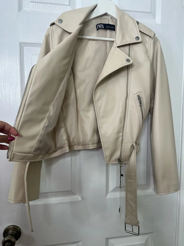 Zara Faux Leather Moto Jacket Biker Belted Streetwear Cream Ivory Size S - Image 6