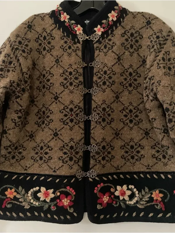Scandinavian Wool Cardigan Small Brown Floral Embroidered Cottagecore Nordic - Image 3