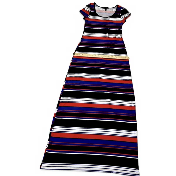 Derek Heart Striped Maxi Dress Med Blue Red White Jersey Knit Short Sleeve VGUC - Image 7