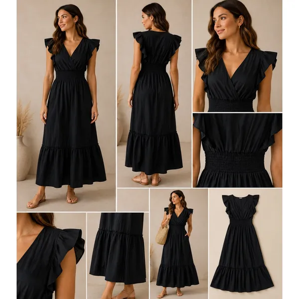 Molly Bracken Black Cotton Ruffle Maxi Dress Smocked Waist V-Neck‎ Size M - Image 3