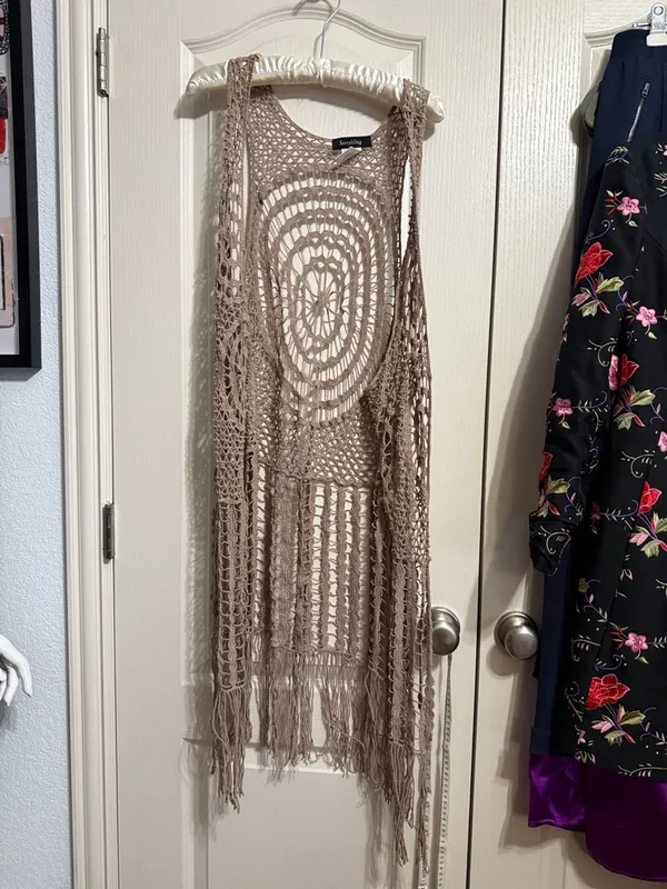 💖 Tan Sheer Open Knit Crochet Fringe‎ Duster Vest Boho Western Festival Hippie - Image 2