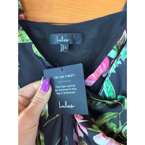 NWT Lulus Captivating Grace Black Floral Satin Ruffled Maxi Dress Cruise Gala S - Image 7