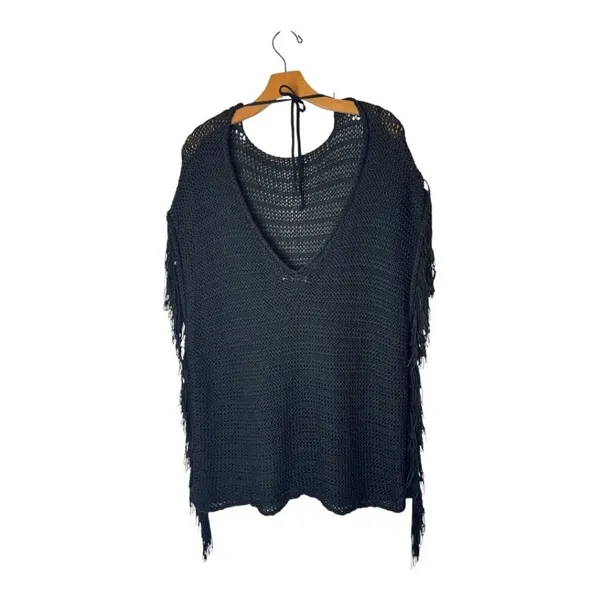 Zara Sweater Women Small Black Open Knit V Back Fringe Sides Short‎ Sleeve Tunic - Image 2