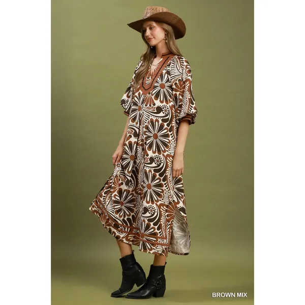 Umgee Abstract Print Midi Dress - Brown Mix - Large - Image 2