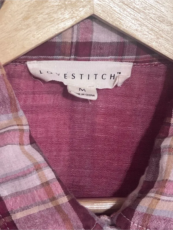 Love Stitch Play The Field Burgundy Plaid Button UP Shirt Size M - Image 13