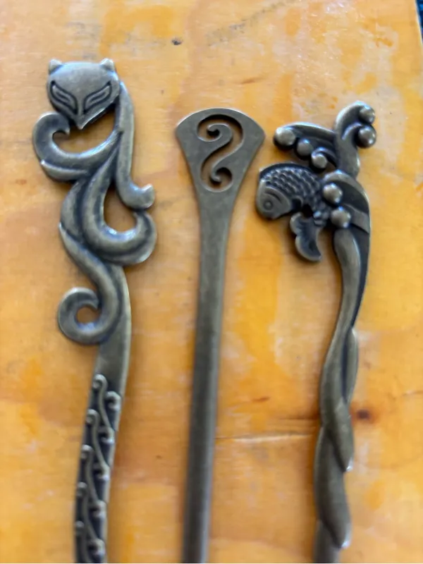 Vintage-Style Set 3 Fancy Brass Metal Hair Sticks, Fox Fish & S Design 5-6.25” - Image 2