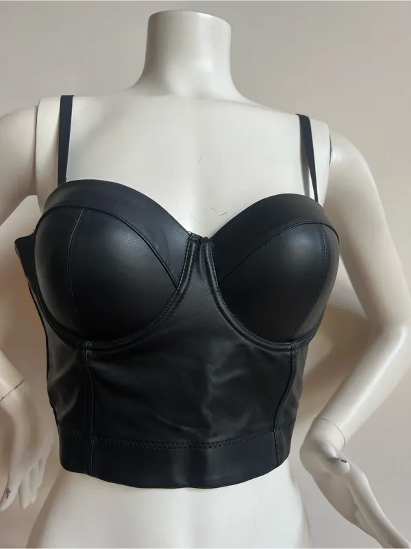 Women's Black Faux Leather Bustier Bra Top - Image 9