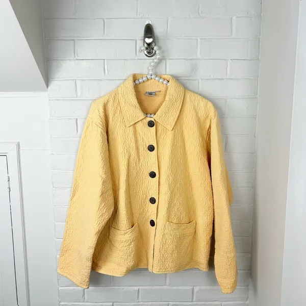 El Huarache Cottons Yellow Textured Button Front 100% Cotton Jacket Size L - Image 2
