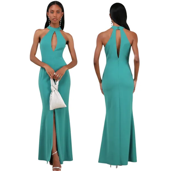 Lulus Belestina Teal Green Cutout Mock Neck Maxi Dress size Small - Image 2
