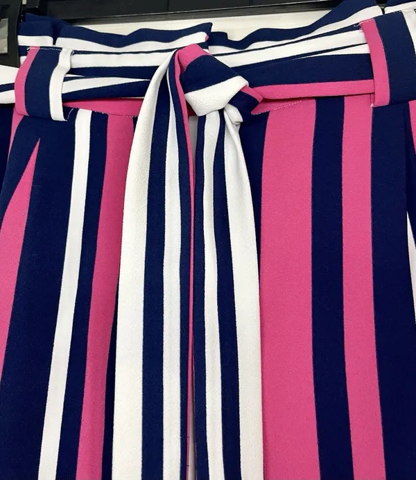 Express SzM High Rise Striped Paperbag Wide Leg Pants Pink Navy White - Image 9