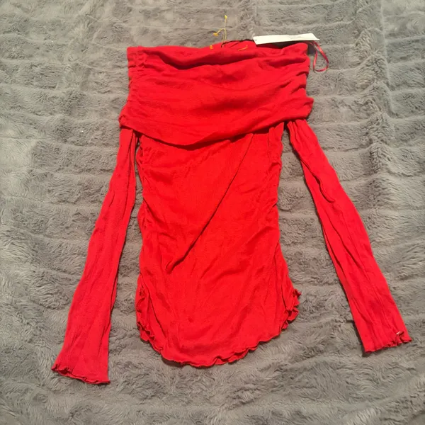 Zara Red Off Shoulder Ruched Mesh Long Sleeve Top Sheer Fitted NWT Small - Image 7