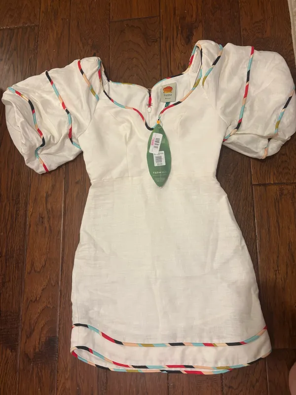 Farm Rio White Mini Dress with Colored Sleeves - Image 2