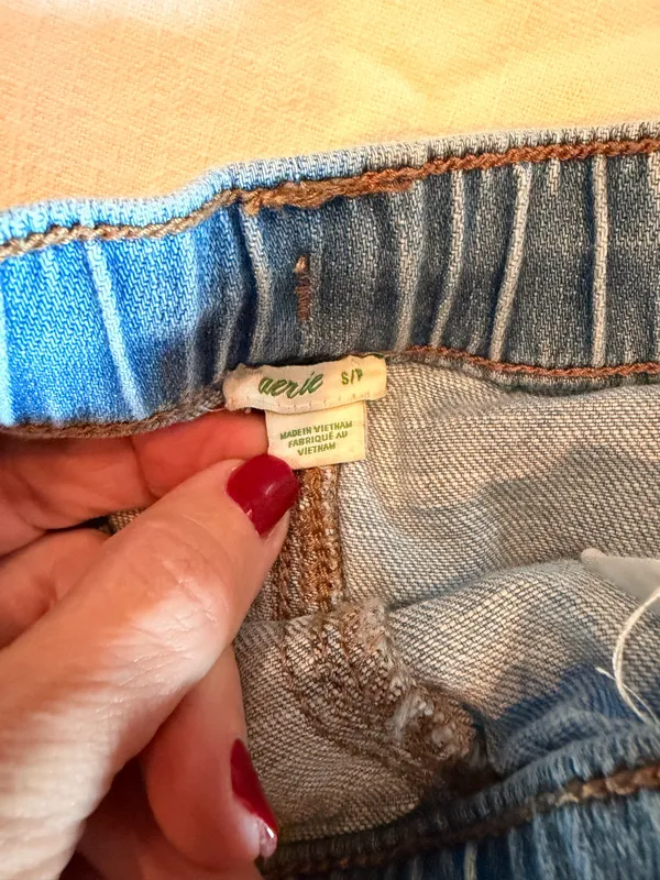 Aerie Small Distressed Denim Pull On Shorts Rope Drawstring Raw Hem - Image 2