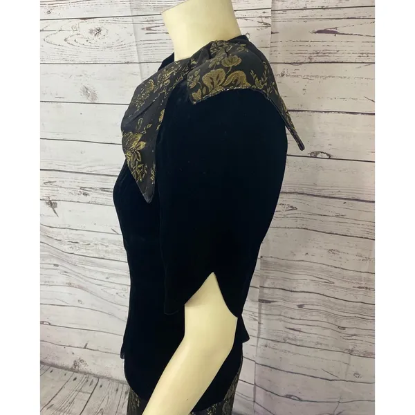 Vintage 1980s Scott McClintock Black Velvet Gold Brocade Dress Open Back S/M - Image 9