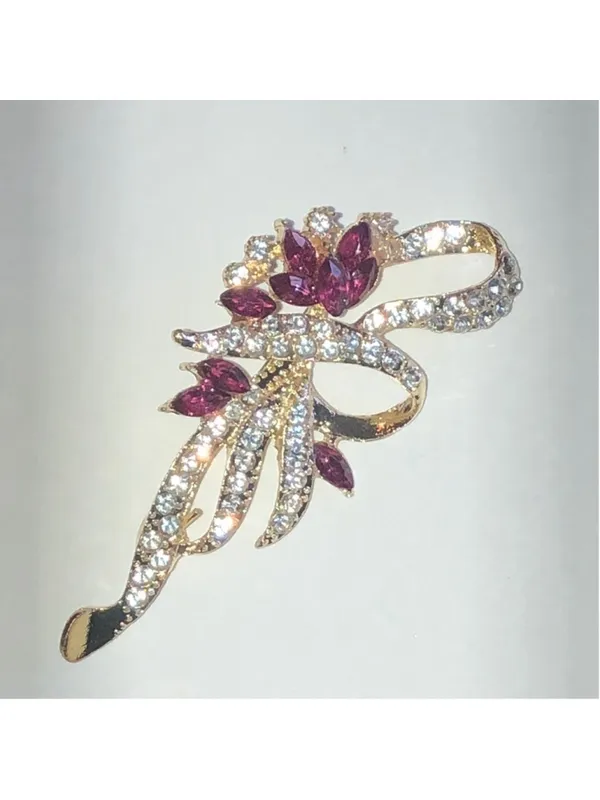 Elegant Gold Tone and Pink Rhinestone Floral Brooch - Image 2