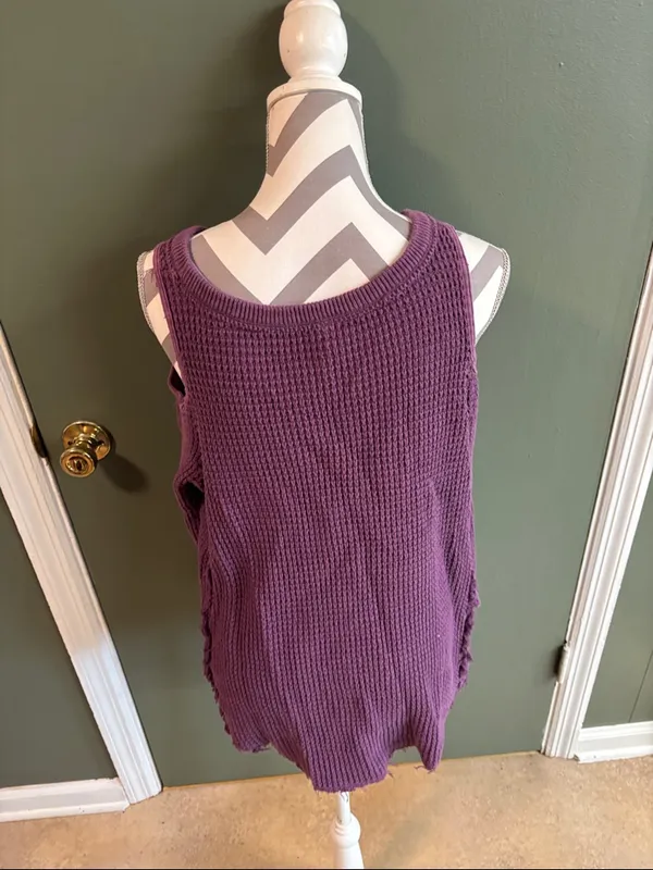 Free People Purple Waffle Knit Cold-Shoulder Sweater - Image 3