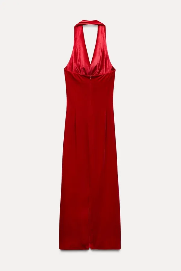 Zara dress maxi festive velour red halter party wedding Christmas - Image 9