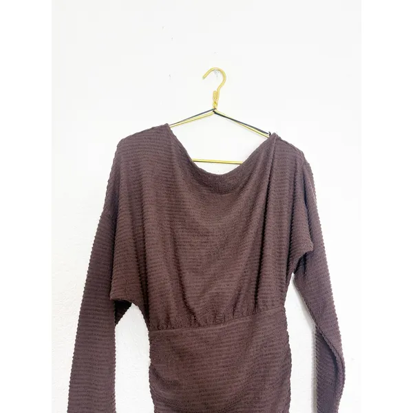 Showpo Alyce Mini Dress Size 4 Brown Ruched Off Shoulder Textured Knit - Image 5