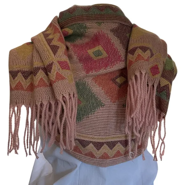 Mexican Artisan Reversible Woven Poncho Multicolor Geometric Boho Shawl Wrap - Image 8