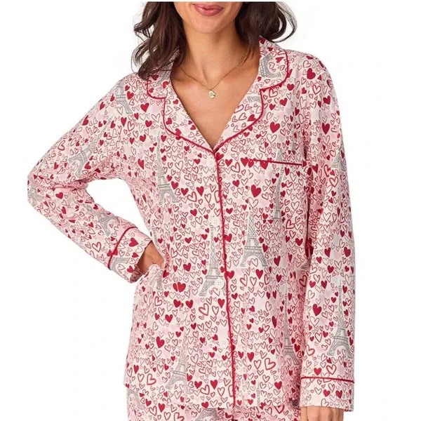 BedHead Women's Long Sleeve Button Down Pajama Top Heart Eiffel Notch Size M NEW - Image 2