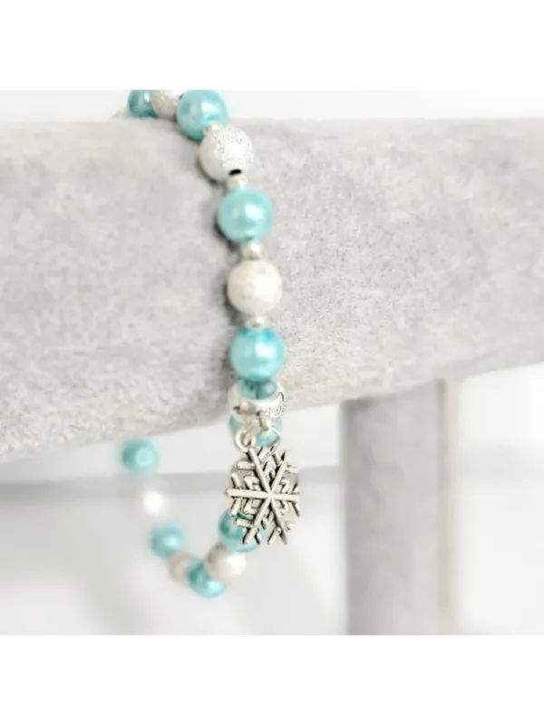Hand Crafted Ice Blue Silver Beaded Snowflake Charm Bracelet 9 Inch - Image 2
