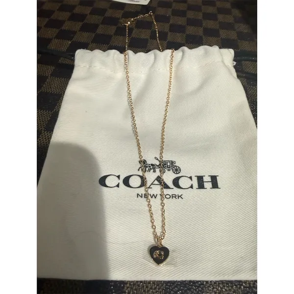 Coach Heart Pendant Necklace Gold Logo Charm w/ Pouch Tag authentic cute gift - Image 3