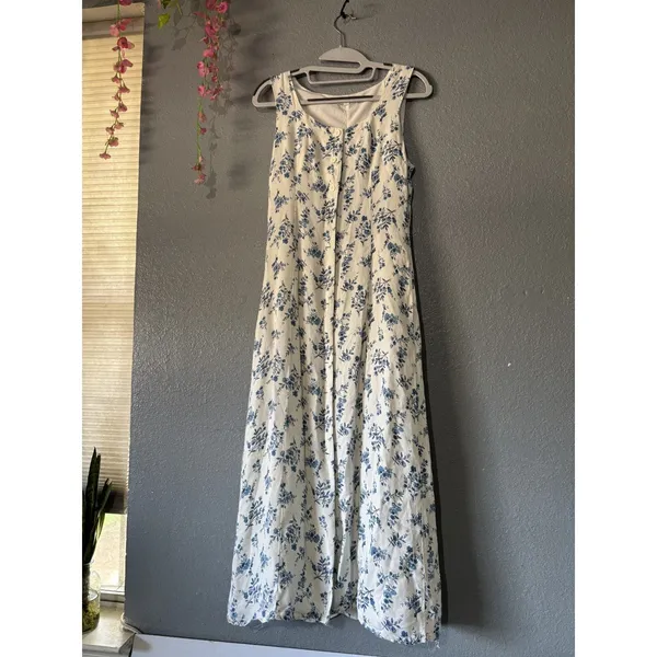 Blu Pepper Blue White Floral Button Front Maxi Dress Tie Back Size M - Image 4