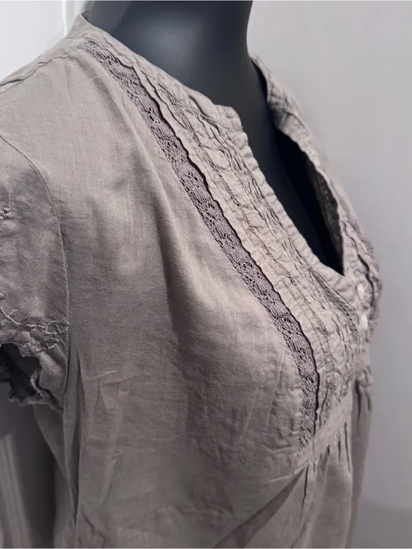 Converse One Star Khaki Cotton Lace Trim Peasant Blouse Top Large Boho Cottage - Image 3