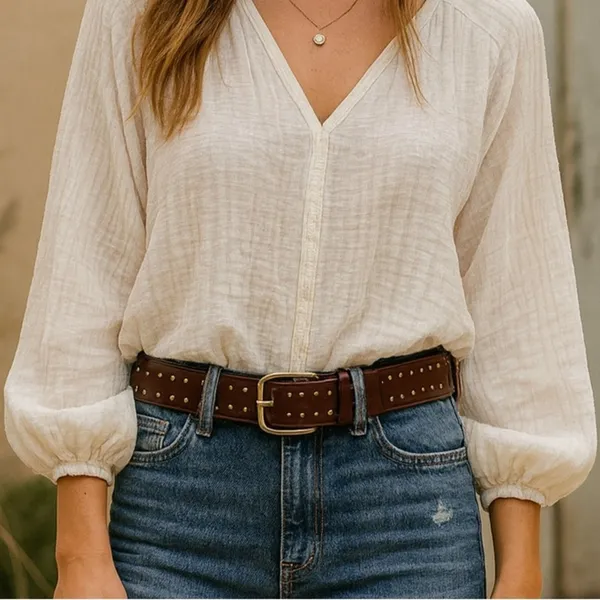 Western Boho Brown Studded Genuine Leather Belt Antique Gold Women’s Size Small - Image 11