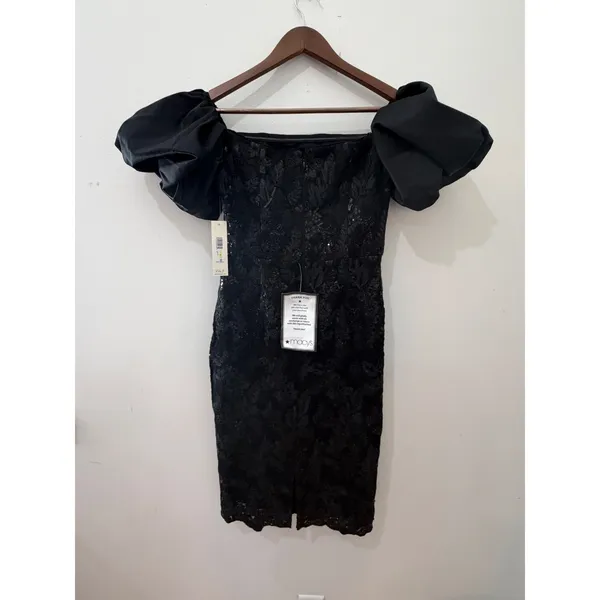 Eliza J Black Dress Sequin Lace Off Shoulder Puff Sleeve Size 4 Glam Cocktail - Image 6