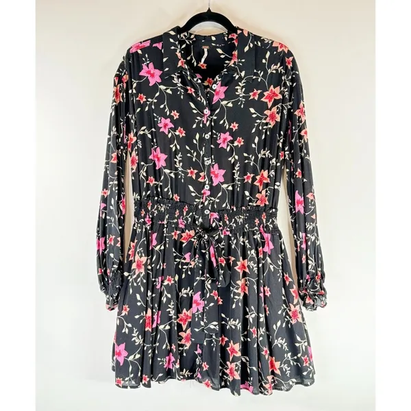 Free People Womens Dress Black Lighten Up Floral Mini Shirtdress Boho Size Small - Image 2