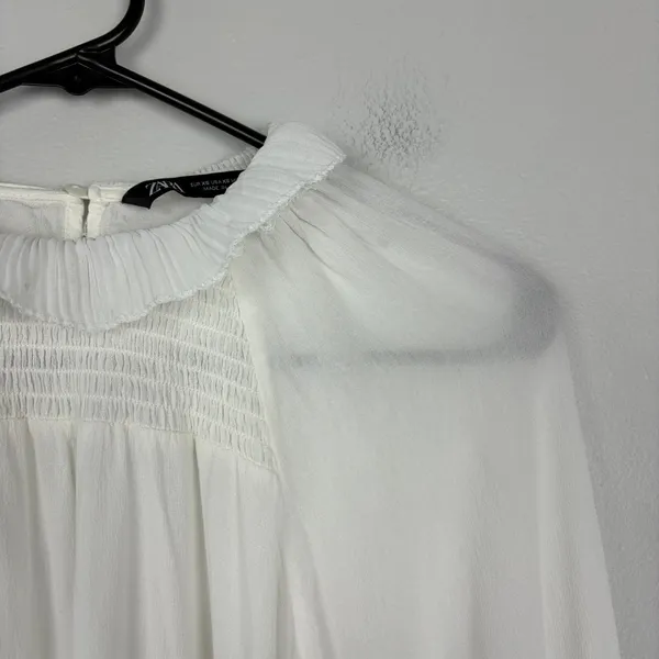 Zara White Smocked Neck‎ Long Sleeve Blouse Cottagecore Coquette Size XS - Image 5