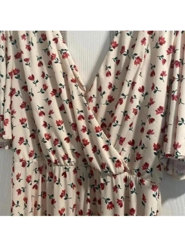 Alexia Admor Beige Floral V Neck Flutter Sleeve Midi Dress - Image 4