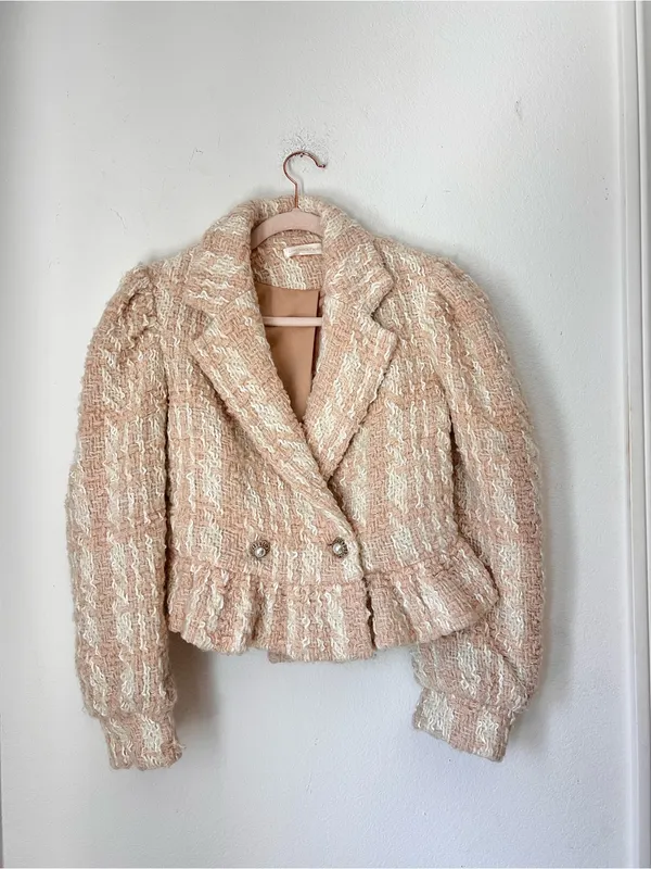 LoveShackFancy Braelyn Crop Jacket Small‎ Cream Bouclé Tweed Peplum Jacket $595 - Image 3