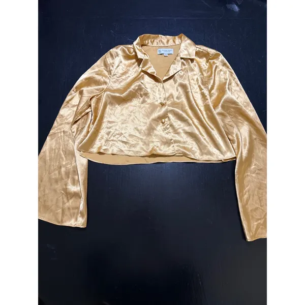 Katrina Scott Lifestyle Gold Satin 2 Piece Set Crop Top Wide Leg Pants Small - Image 4