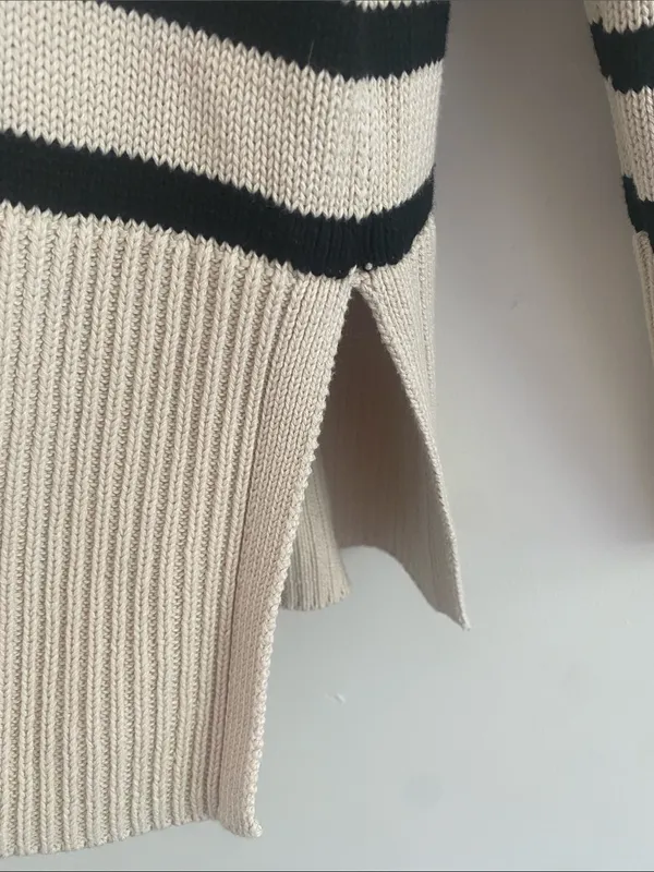 GAP Crew Neck Cotton Nautical Split Hem Striped Sweater Pullover Black Cream M - Image 3